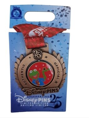 DisneyPins 25th Anniversary Kermit Medal Pin with Red Ribbon